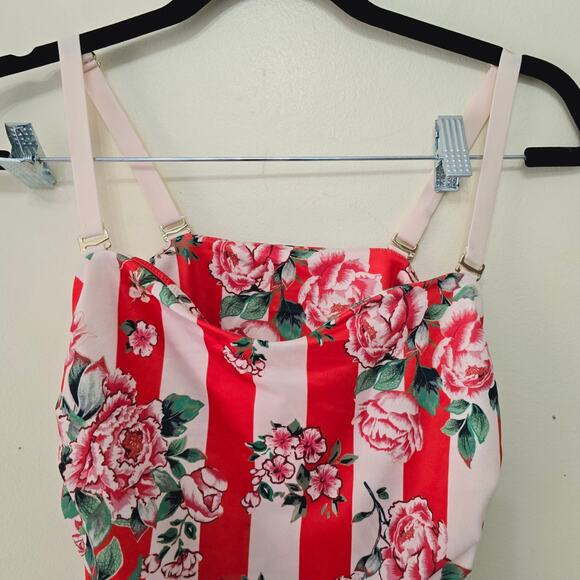 We Are HaH One Piece Swimsuit Red Floral Blood Orange Stripe Ruched Women Size M - Picture 5 of 8